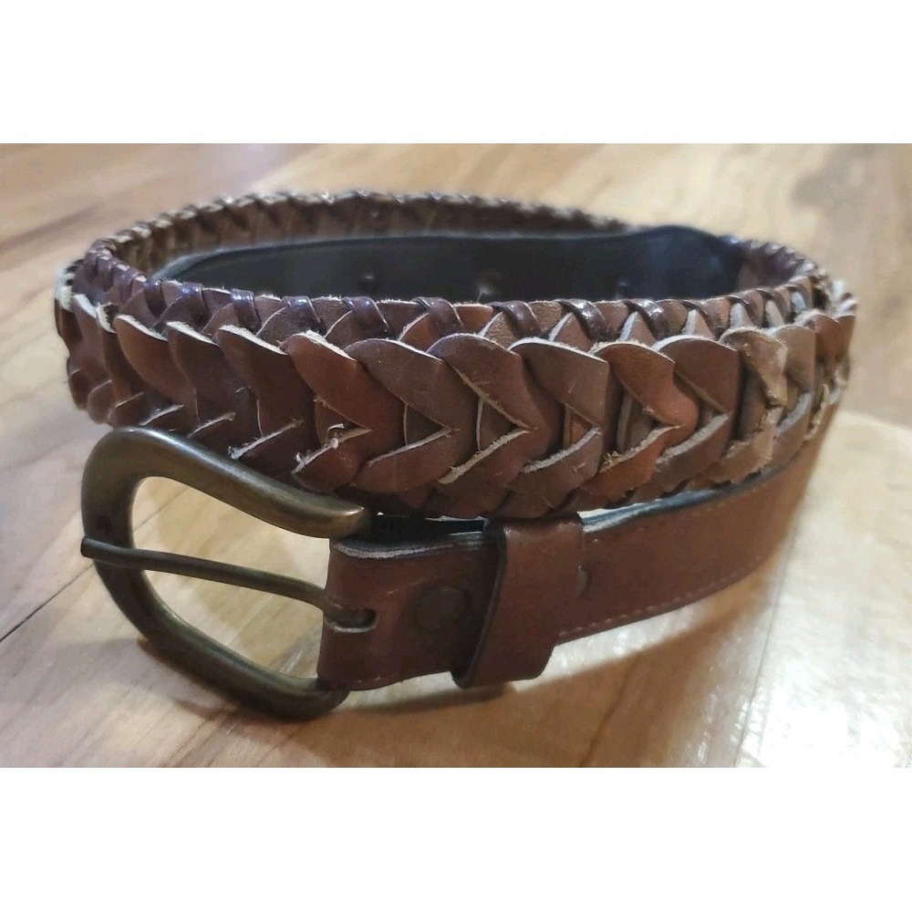 Retro Western Braided Multi Tone Brown Leather Belt Brass Buckle Size 34